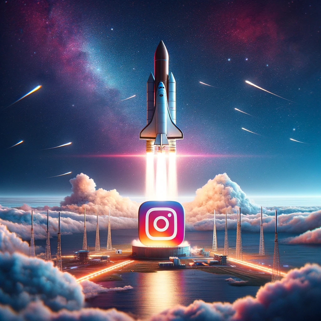 Foguete decolando da plataforma do Instagram, simbolizando a exclusão permanente da conta.